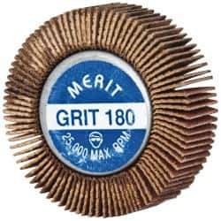 Merit Abrasives - 1-5/8" Diam x 1/2" Face Width, Very Fine Ceramic Alumina Coated Mounted Flap Wheel - 1/4-20 Threaded Mount, 180 Grit, Cloth Backing, 25,000 Max RPM - Apex Tool & Supply