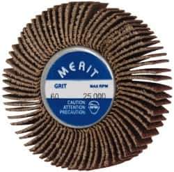 Merit Abrasives - 2" Diam x 1/2" Face Width, Medium Ceramic Alumina Coated Mounted Flap Wheel - 1/4-20 Threaded Mount, 60 Grit, Cloth Backing, 25,000 Max RPM - Apex Tool & Supply
