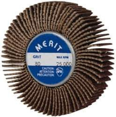 Merit Abrasives - 2" Diam x 1/2" Face Width, Medium Ceramic Alumina Coated Mounted Flap Wheel - 1/4-20 Threaded Mount, 80 Grit, Cloth Backing, 25,000 Max RPM - Apex Tool & Supply