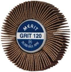 Merit Abrasives - 2" Diam x 1/2" Face Width, Fine Ceramic Alumina Coated Mounted Flap Wheel - 1/4-20 Threaded Mount, 120 Grit, Cloth Backing, 25,000 Max RPM - Apex Tool & Supply