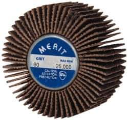 Merit Abrasives - 2" Diam x 1" Face Width, Medium Ceramic Alumina Coated Mounted Flap Wheel - 1/4-20 Threaded Mount, 60 Grit, Cloth Backing, 25,000 Max RPM - Apex Tool & Supply