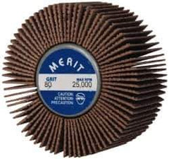Merit Abrasives - 2" Diam x 1" Face Width, Medium Ceramic Alumina Coated Mounted Flap Wheel - 1/4-20 Threaded Mount, 80 Grit, Cloth Backing, 25,000 Max RPM - Apex Tool & Supply