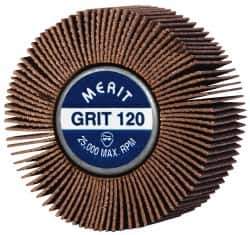 Merit Abrasives - 2" Diam x 1" Face Width, Fine Ceramic Alumina Coated Mounted Flap Wheel - 1/4-20 Threaded Mount, 120 Grit, Cloth Backing, 25,000 Max RPM - Apex Tool & Supply