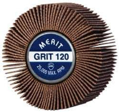 Merit Abrasives - 2" Diam x 1" Face Width, Fine Ceramic Alumina Coated Mounted Flap Wheel - 1/4-20 Threaded Mount, 120 Grit, Cloth Backing, 25,000 Max RPM - Apex Tool & Supply