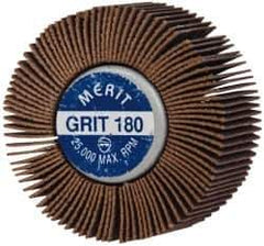 Merit Abrasives - 2" Diam x 1" Face Width, Very Fine Ceramic Alumina Coated Mounted Flap Wheel - 1/4-20 Threaded Mount, 180 Grit, Cloth Backing, 25,000 Max RPM - Apex Tool & Supply