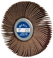 Merit Abrasives - 3" Diam x 1/2" Face Width, Fine Ceramic Alumina Coated Mounted Flap Wheel - 1/4-20 Threaded Mount, 120 Grit, Cloth Backing, 20,000 Max RPM - Apex Tool & Supply