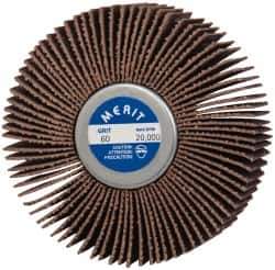 Merit Abrasives - 3" Diam x 1" Face Width, Medium Ceramic Alumina Coated Mounted Flap Wheel - 1/4-20 Threaded Mount, 60 Grit, Cloth Backing, 20,000 Max RPM - Apex Tool & Supply