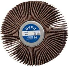 Merit Abrasives - 3" Diam x 1" Face Width, Medium Ceramic Alumina Coated Mounted Flap Wheel - 1/4-20 Threaded Mount, 60 Grit, Cloth Backing, 20,000 Max RPM - Apex Tool & Supply