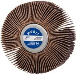 Merit Abrasives - 3" Diam x 1" Face Width, Medium Ceramic Alumina Coated Mounted Flap Wheel - 1/4-20 Threaded Mount, 80 Grit, Cloth Backing, 20,000 Max RPM - Apex Tool & Supply