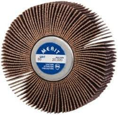 Merit Abrasives - 3" Diam x 1" Face Width, Medium Ceramic Alumina Coated Mounted Flap Wheel - 1/4-20 Threaded Mount, 80 Grit, Cloth Backing, 20,000 Max RPM - Apex Tool & Supply
