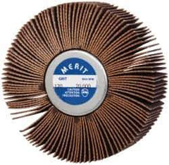 Merit Abrasives - 3" Diam x 1" Face Width, Fine Ceramic Alumina Coated Mounted Flap Wheel - 1/4-20 Threaded Mount, 120 Grit, Cloth Backing, 20,000 Max RPM - Apex Tool & Supply