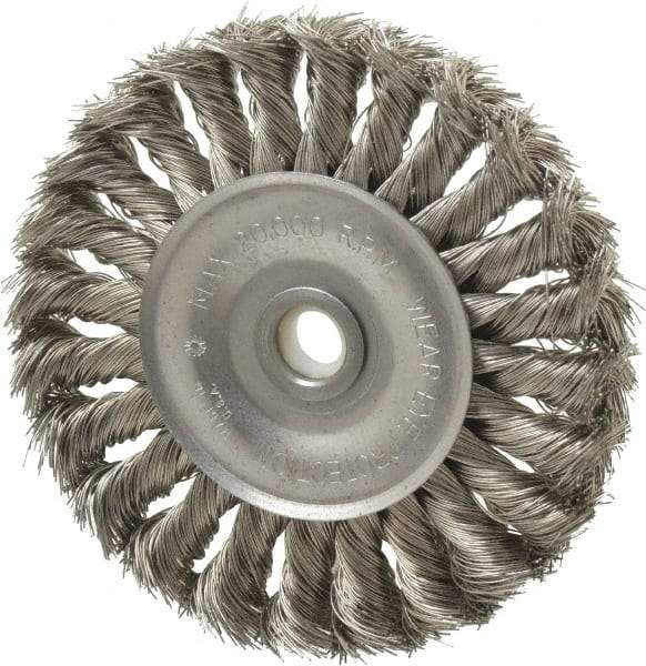 Anderson - 4" OD, 1/2" Arbor Hole, Knotted Stainless Steel Wheel Brush - 1/2" Face Width, 1" Trim Length, 0.014" Filament Diam, 20,000 RPM - Apex Tool & Supply