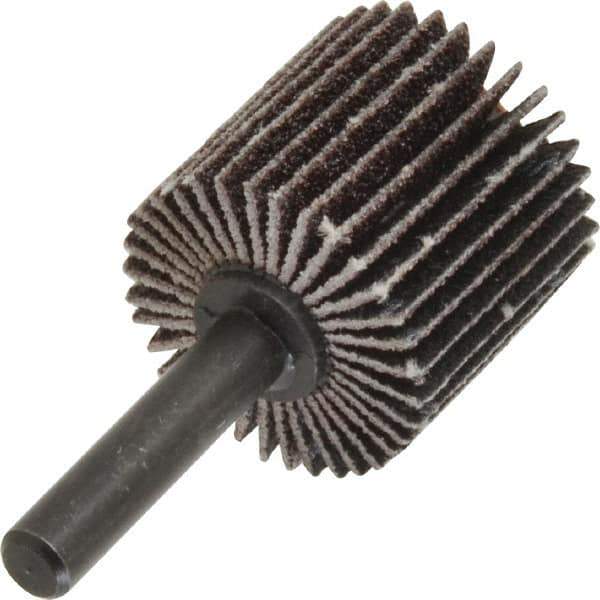 Standard Abrasives - 1" Diam x 1" Face Width, Medium Aluminum Oxide Coated Mounted Flap Wheel - 1/4" Shank Mount, 60 Grit, X Weighted Backing, 30,000 Max RPM - Apex Tool & Supply