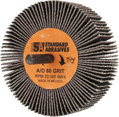 Standard Abrasives - 3" Diam x 1" Face Width, Medium Aluminum Oxide Coated Mounted Flap Wheel - 1/4" Shank Mount, 60 Grit, X Weighted Backing, 20,000 Max RPM - Apex Tool & Supply