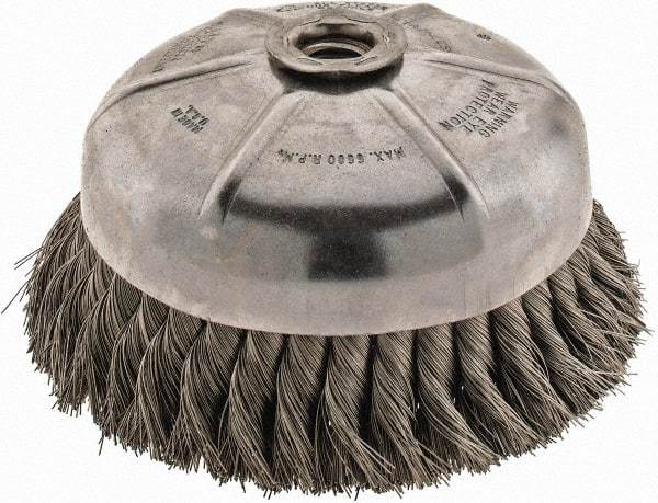 Anderson - 6" Diam, 5/8-11 Threaded Arbor, Stainless Steel Fill Cup Brush - 0.014 Wire Diam, 1-3/8" Trim Length, 6,600 Max RPM - Apex Tool & Supply