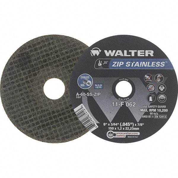 WALTER Surface Technologies - 6" Aluminum Oxide Cutoff Wheel - 3/64" Thick, 7/8" Arbor, 10,200 Max RPM, Use with Die Grinders - Apex Tool & Supply