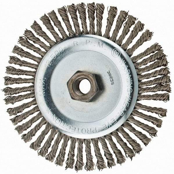 Anderson - 6" OD, 5/8-11 Arbor Hole, Knotted Stainless Steel Wheel Brush - 3/16" Face Width, 1-1/8" Trim Length, 0.02" Filament Diam, 12,500 RPM - Apex Tool & Supply