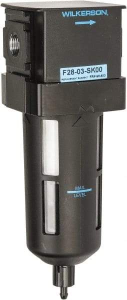 Wilkerson - 3/8" Port, 8.4" High x 2.9" Wide, Standard FRL Filter with Polycarbonate Bowl & Manual Drain - 144 SCFM, 150 Max psi, 125°F Max, Sight Glass Included, 1.72 oz Bowl Capacity - Apex Tool & Supply