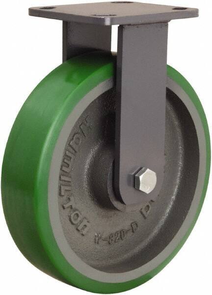 Hamilton - 8" Diam x 2" Wide x 9-1/2" OAH Top Plate Mount Rigid Caster - Polyurethane Mold onto Cast Iron Center, 1,500 Lb Capacity, Tapered Roller Bearing, 4 x 4-1/2" Plate - Apex Tool & Supply