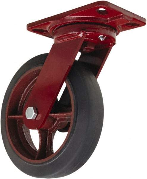 Hamilton - 8" Diam x 2" Wide x 9-3/4" OAH Top Plate Mount Swivel Caster - Rubber Mold on Cast Iron, 500 Lb Capacity, Straight Roller Bearing, 4-1/2 x 6-1/2" Plate - Apex Tool & Supply