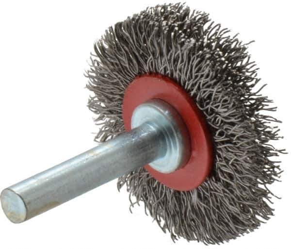 Value Collection - 1-5/8" OD, 1/4" Shank Diam, Crimped Steel Wheel Brush - 5/16" Face Width, 9/16" Trim Length, 0.015" Filament Diam, 18,000 RPM - Apex Tool & Supply