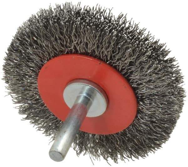 Value Collection - 2-5/8" OD, 1/4" Shank Diam, Crimped Steel Wheel Brush - 1/2" Face Width, 3/4" Trim Length, 0.015" Filament Diam, 15,000 RPM - Apex Tool & Supply