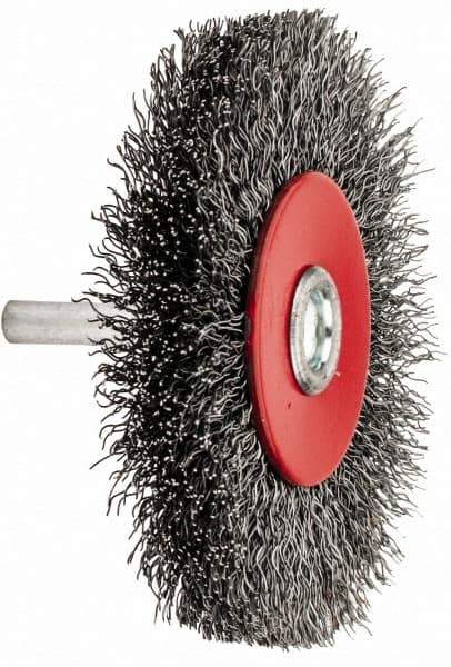 Value Collection - 3-1/16" OD, 1/4" Shank Diam, Crimped Steel Wheel Brush - 1/2" Face Width, 3/4" Trim Length, 0.015" Filament Diam, 12,000 RPM - Apex Tool & Supply