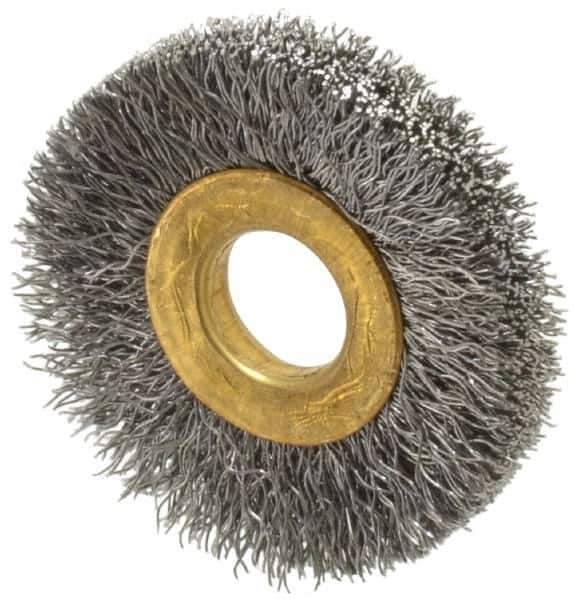 Value Collection - 1-1/2" OD, 3/8" Arbor Hole, Crimped Steel Wheel Brush - 1/4" Face Width, 3/8" Trim Length, 0.007" Filament Diam, 20,000 RPM - Apex Tool & Supply