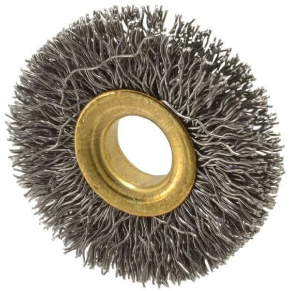 Value Collection - 1-1/2" OD, 3/8" Arbor Hole, Crimped Steel Wheel Brush - 1/4" Face Width, 3/8" Trim Length, 0.012" Filament Diam, 20,000 RPM - Apex Tool & Supply