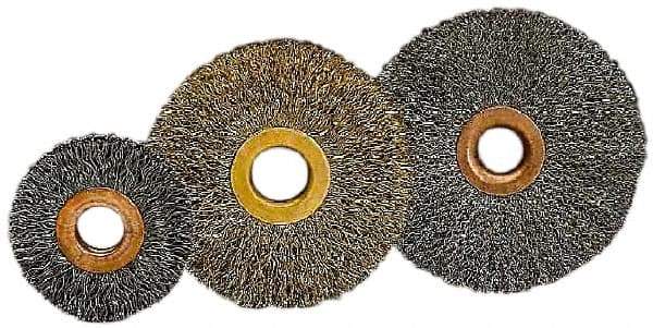 Value Collection - 2" OD, 1/2" Arbor Hole, Crimped Brass-Coated Steel Wheel Brush - 5/16" Face Width, 1/2" Trim Length, 0.007" Filament Diam, 15,000 RPM - Apex Tool & Supply