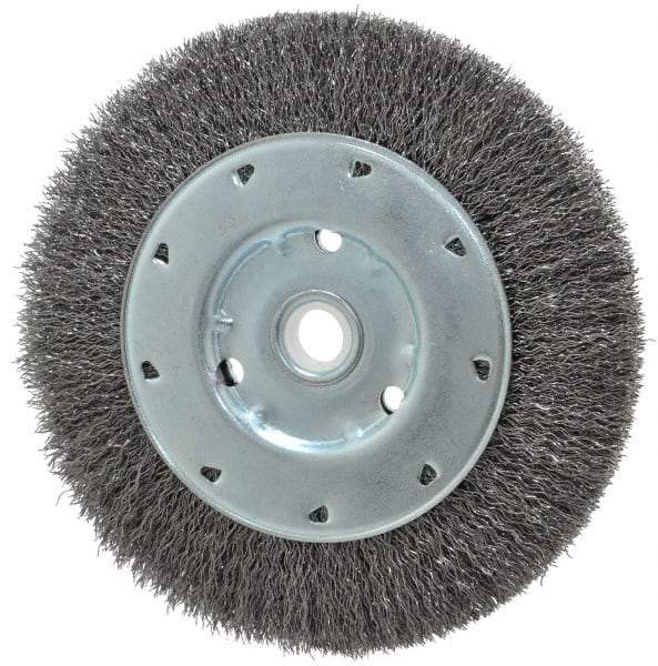 Value Collection - 6" OD, 1/2" Arbor Hole, Crimped Steel Wheel Brush - 1/2" Face Width, 1-15/64" Trim Length, 0.012" Filament Diam, 5,000 RPM - Apex Tool & Supply