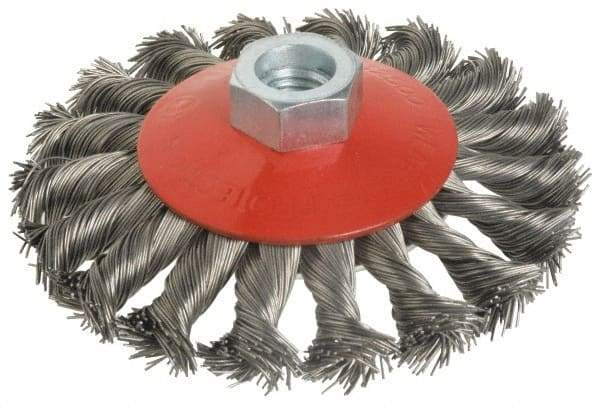 Value Collection - 4" OD, M14x2.00 Arbor Hole, Knotted Steel Wheel Brush - 1/2" Face Width, 7/8" Trim Length, 0.015" Filament Diam, 12,500 RPM - Apex Tool & Supply