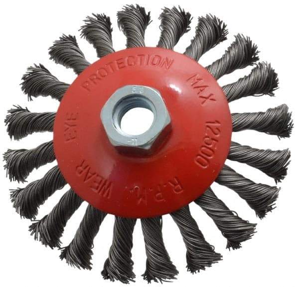 Value Collection - 4-9/16" OD, 5/8-11 Arbor Hole, Knotted Steel Wheel Brush - 9/16" Face Width, 7/8" Trim Length, 0.015" Filament Diam, 12,500 RPM - Apex Tool & Supply