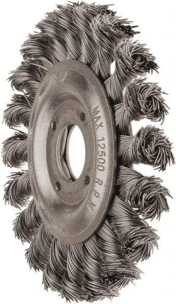 Value Collection - 4-1/2" OD, 7/8" Arbor Hole, Knotted Steel Wheel Brush - 1/2" Face Width, 7/8" Trim Length, 0.012" Filament Diam, 12,500 RPM - Apex Tool & Supply