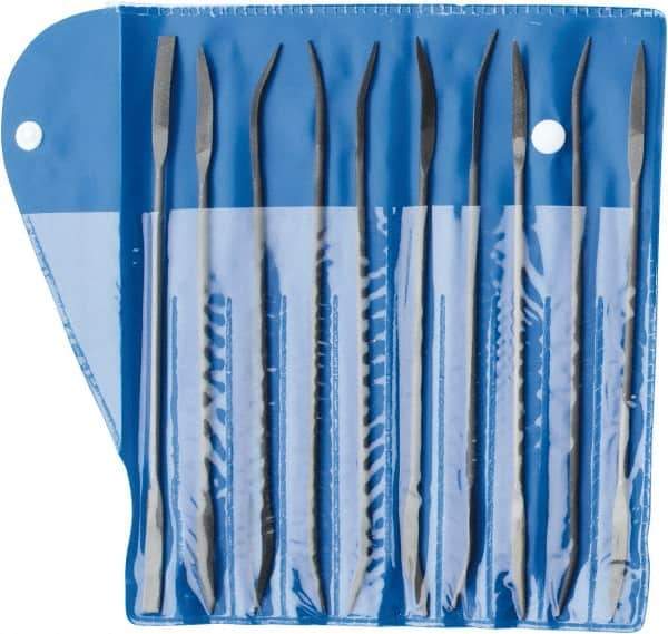 Value Collection - 10 Piece Swiss Pattern File Set - 7" Long, 2 Coarseness, Die Sinker's Handle, Set Includes Barrette, Crossing, Equalling, Flat, Half Round, Knife, Round, Round Edge Joint, Slitting, Square, Three Square - Apex Tool & Supply