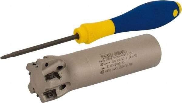Iscar - 1-1/4" Cut Diam, 0.315" Max Depth of Cut, 1" Shank Diam, 4" OAL, Indexable Square Shoulder Helical End Mill - H490 AN.X 09 Inserts, Weldon Shank, 90° Lead Angle, Through Coolant, Series Helido - Apex Tool & Supply