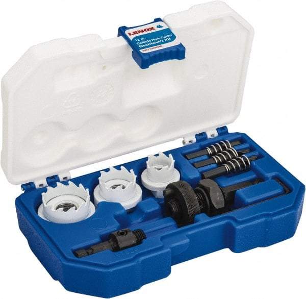 Lenox - 12 Piece, 7/8" to 1-3/8" Saw Diam, Electrician's Hole Saw Kit - Carbide-Tipped, Toothed Edge, Includes 3 Hole Saws - Apex Tool & Supply