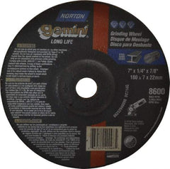 Norton - 7" Wheel Diam, 1/4" Wheel Thickness, 7/8" Arbor Hole, Type 27 Depressed Center Wheel - Aluminum Oxide, 8,600 Max RPM, Compatible with Angle Grinder - Apex Tool & Supply