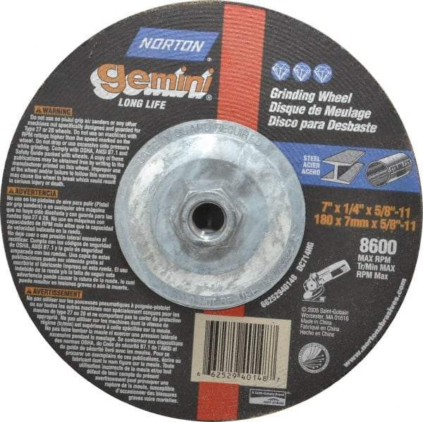 Norton - 7" Wheel Diam, 1/4" Wheel Thickness, Type 27 Depressed Center Wheel - Aluminum Oxide, 8,600 Max RPM, Compatible with Angle Grinder - Apex Tool & Supply