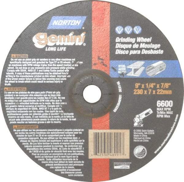 Norton - 9" Wheel Diam, 1/4" Wheel Thickness, 7/8" Arbor Hole, Type 27 Depressed Center Wheel - Aluminum Oxide, 6,600 Max RPM, Compatible with Angle Grinder - Apex Tool & Supply