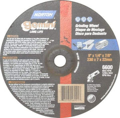Norton - 9" Wheel Diam, 1/4" Wheel Thickness, 7/8" Arbor Hole, Type 27 Depressed Center Wheel - Aluminum Oxide, 6,600 Max RPM, Compatible with Angle Grinder - Apex Tool & Supply