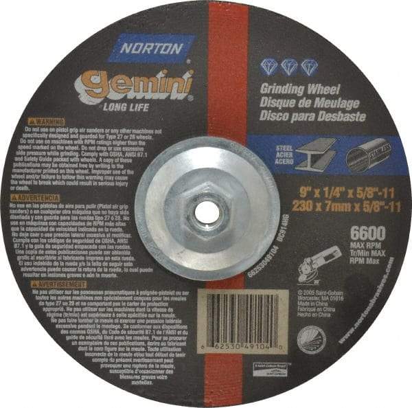 Norton - 9" Wheel Diam, 1/4" Wheel Thickness, Type 27 Depressed Center Wheel - Aluminum Oxide, 6,600 Max RPM, Compatible with Angle Grinder - Apex Tool & Supply