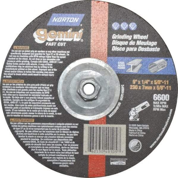 Norton - 9" Wheel Diam, 1/4" Wheel Thickness, Type 27 Depressed Center Wheel - Aluminum Oxide, 6,600 Max RPM, Compatible with Angle Grinder - Apex Tool & Supply
