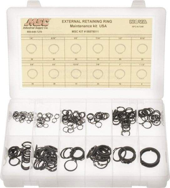 Made in USA - 300 Piece, 1/4 to 1-1/4", Steel, Snap External Retaining Ring Assortment - Includes Compartmented Case - Apex Tool & Supply