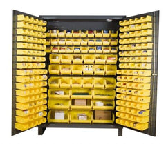 Durham - 3 Shelf 185 Bin Storage Cabinet - Steel, 60" Wide x 24" Deep x 84" High, Gray - Apex Tool & Supply