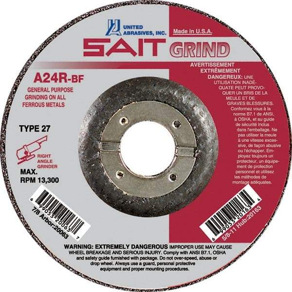 Sait - 24 Grit, 9" Wheel Diam, 1/4" Wheel Thickness, 7/8" Arbor Hole, Type 27 Depressed Center Wheel - Aluminum Oxide, Resinoid Bond, R Hardness, 6,600 Max RPM, Compatible with Angle Grinder - Apex Tool & Supply