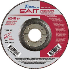 Sait - 24 Grit, 5" Wheel Diam, 1/4" Wheel Thickness, 7/8" Arbor Hole, Type 27 Depressed Center Wheel - Aluminum Oxide, Resinoid Bond, R Hardness, 12,200 Max RPM, Compatible with Angle Grinder - Apex Tool & Supply