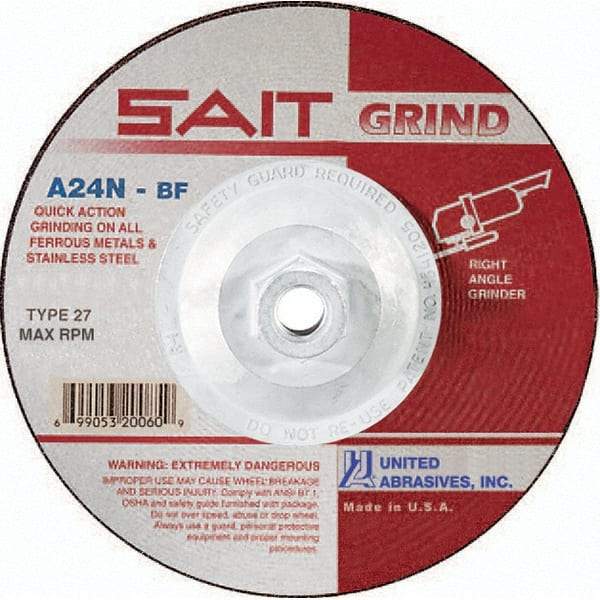 Sait - 24 Grit, 4-1/2" Wheel Diam, 1/4" Wheel Thickness, Type 27 Depressed Center Wheel - Aluminum Oxide, Resinoid Bond, N Hardness, 13,300 Max RPM, Compatible with Angle Grinder - Apex Tool & Supply