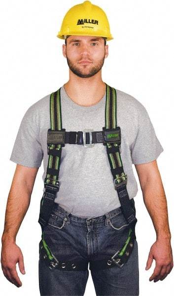 Miller - 400 Lb Capacity, Size Universal, Full Body Construction Safety Harness - Elastomer, Tongue Leg Strap, Mating Chest Strap, Green/Black - Apex Tool & Supply