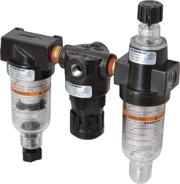 Wilkerson - 1/4" NPT Port Miniature 3 Piece Filter-Regulator-Lubricator FRL Unit - Polycarbonate Bowl, 20 SCFM, 150 Max psi, 5.98" High, Manual Drain - Apex Tool & Supply